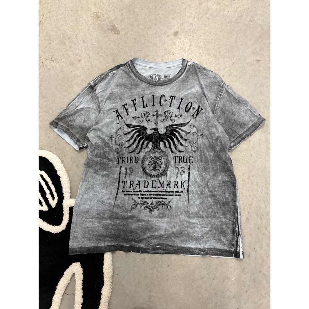 Affliction American Customs T Shirt Mens 2XL Grey Acid Wash Graphic Eagle MMA
